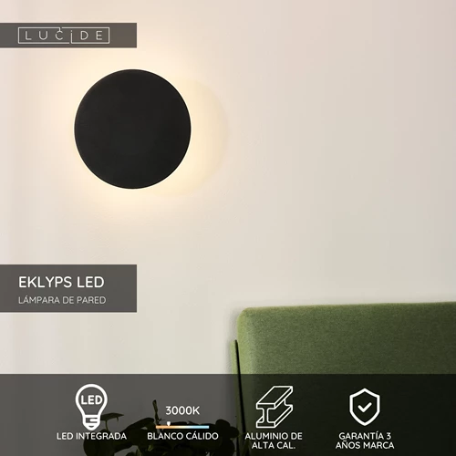 Lucide EKLYPS LED - Lámpara de pared - Ø 25 cm - LED - 1x9W 3000K - Negro - USP
